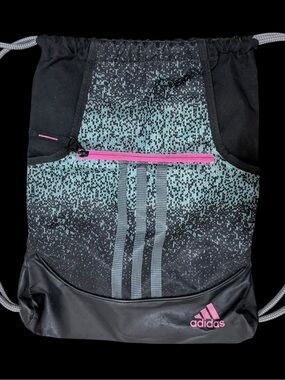 adidas Alliance Drawstring Gym Bag 15L w/ Zip Pocket Black/Gray Pink Logo